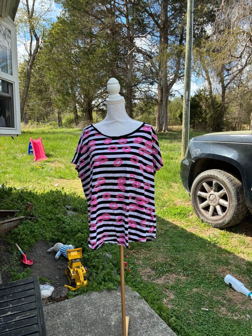 Striped Black & White Tee with Pink Lip Print